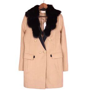 NWT Genuine Fox Fur Collar Wool Double-Breasted Tan Coat Removable Fur Collar